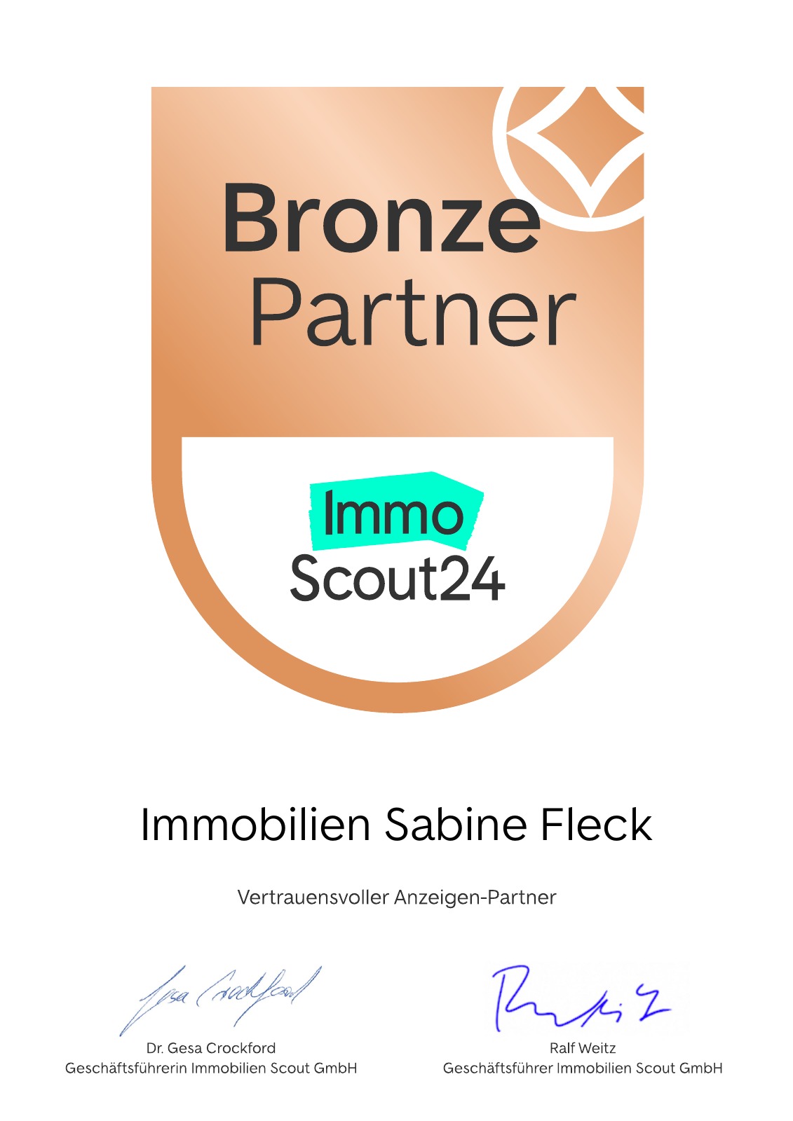 Urkunde: Immobilien Sabine Fleck – ImmoScout24 Bronze Partner