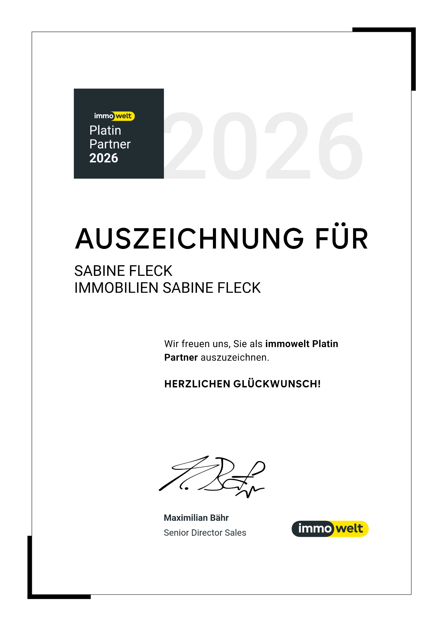 Urkunde: Immobilien Sabine Fleck – immowelt Platin Partner 2026
